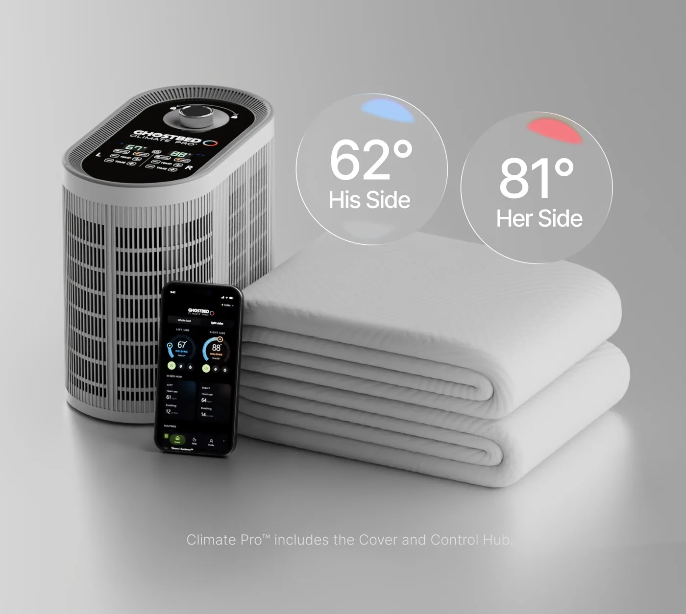 GhostBed Climate Pro™ Control Hub, folded mattress cover and the companion app, set to 62 degrees on his side and 81 degrees on her side. Climate Pro™ includes the Cover and Control Hub.